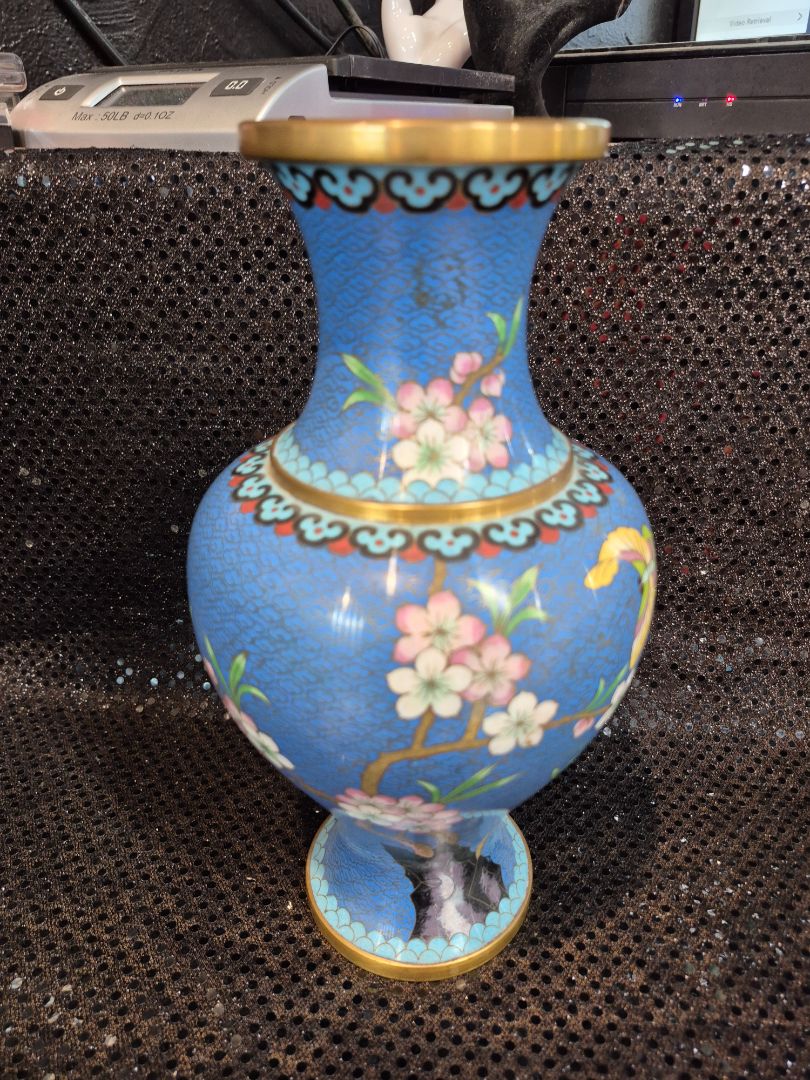 Vintage Cloisonne Case Brass Floral Cherry Blossom Vase