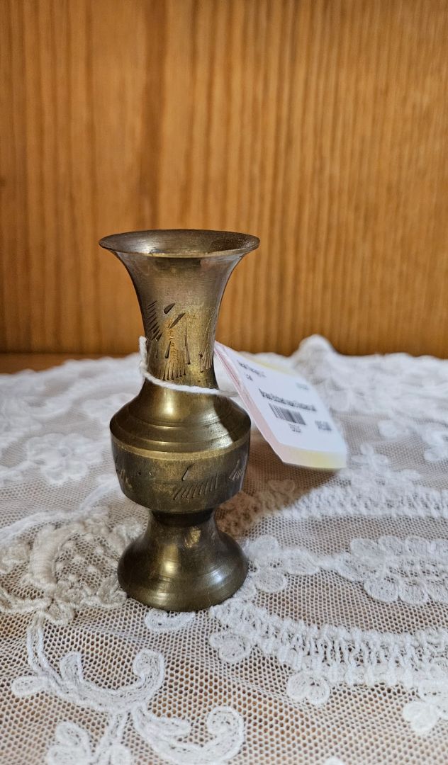 Brass Etched vase 3 inches tall LR
