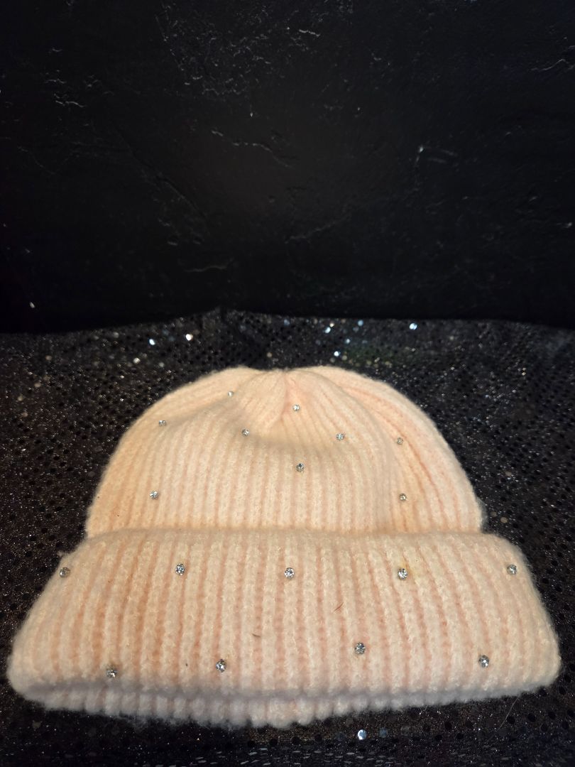 Pink Knit Hat with Rhinestones