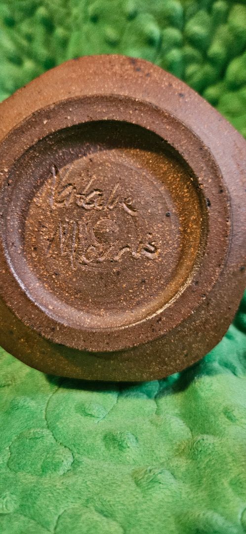 Signed Ceramic jar with lid, 10 inches