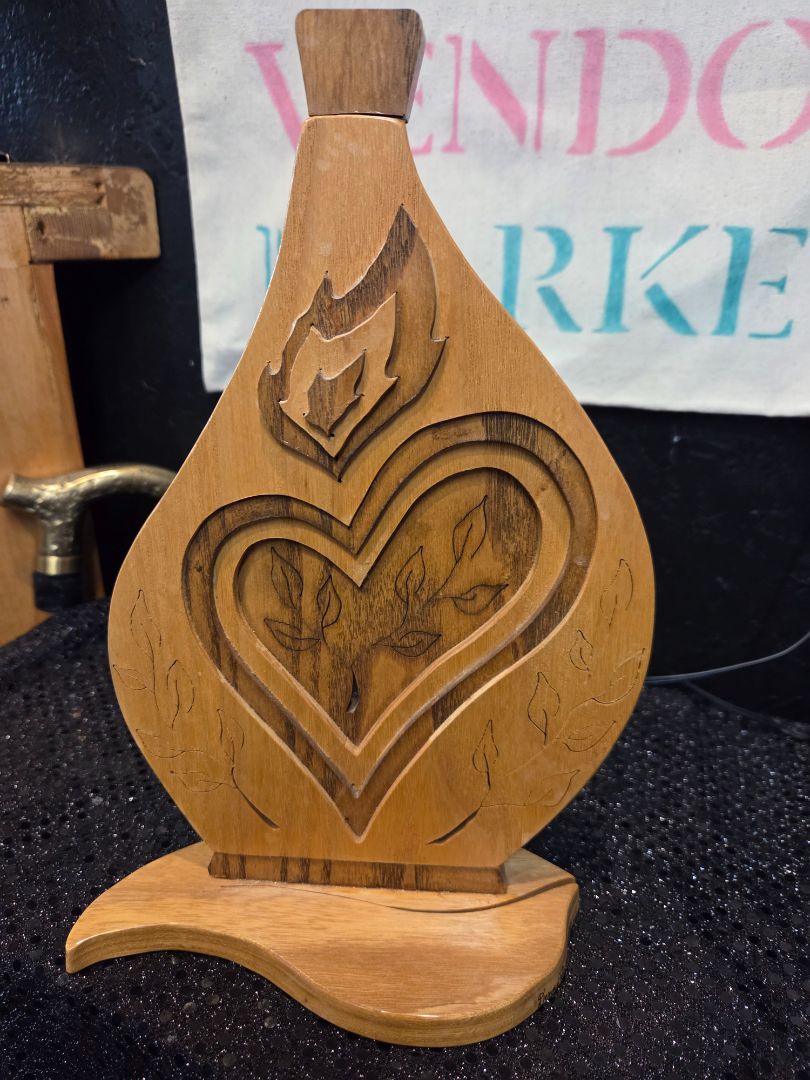 Handcrafted Wood Carving Sacred Heart symbol with flames and Foliage