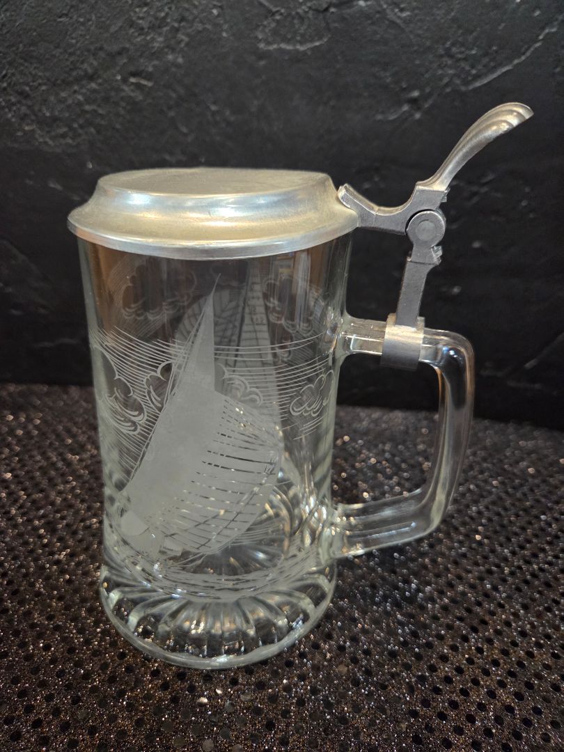Vintage Domex Pewter Lidded Etched Glass Beer Stein Sailing ship