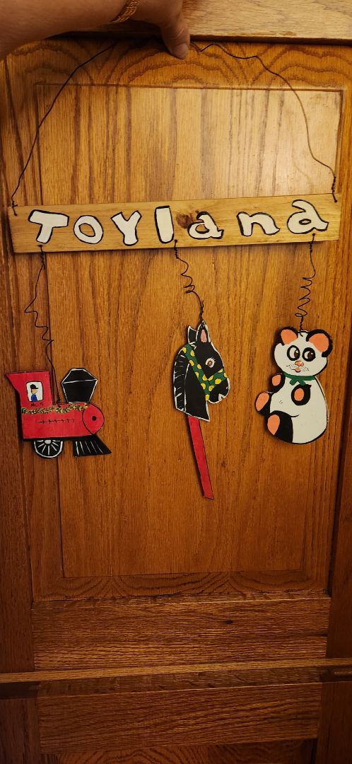 Handpainted decor - Toyland -Stick horse, Panda bear & train