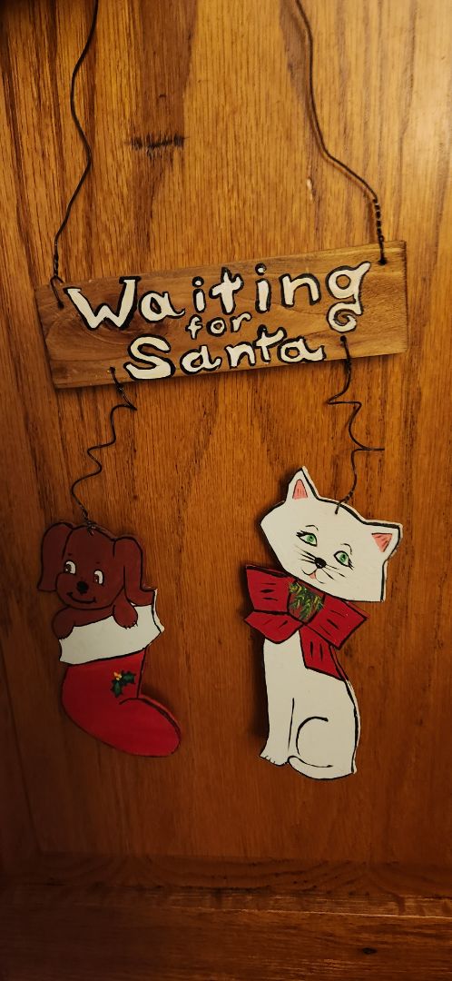 Handpainted decor - cat & dog in stockings - Waiting for Santa