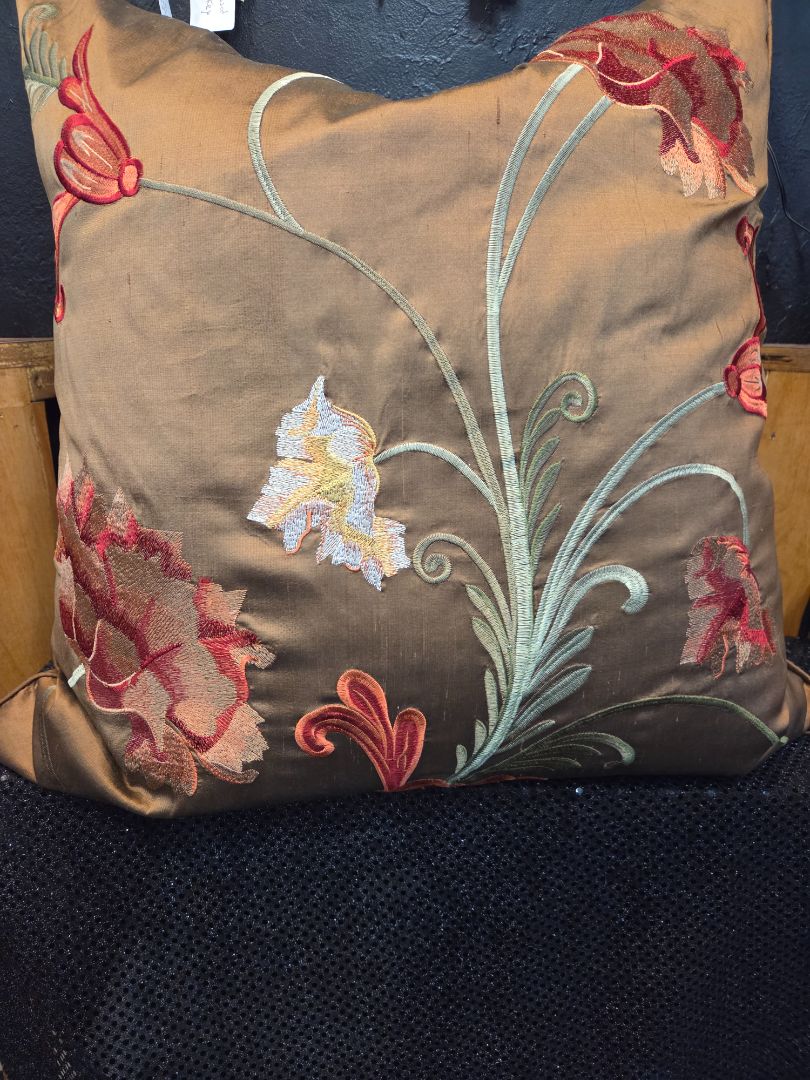 Large Embroidered FLoral Silk Pillow with Feather insert