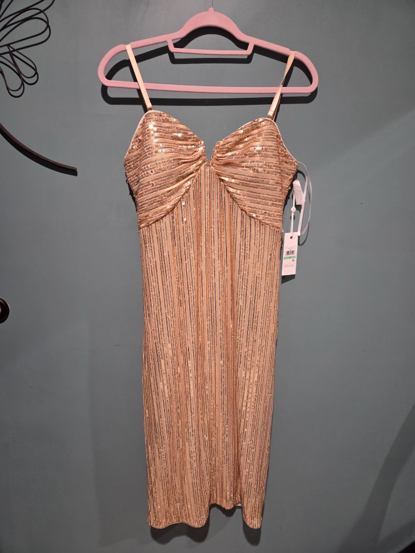 Siena Women's Sequined Spagetti Strap Sweetheart Neck Midi Dress Gold size 8