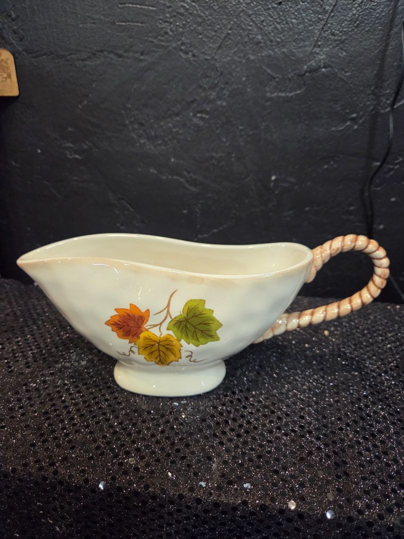 Gravy Sauce Boat Ceramic Cream and Tan Autumn Leaves Braided Handle