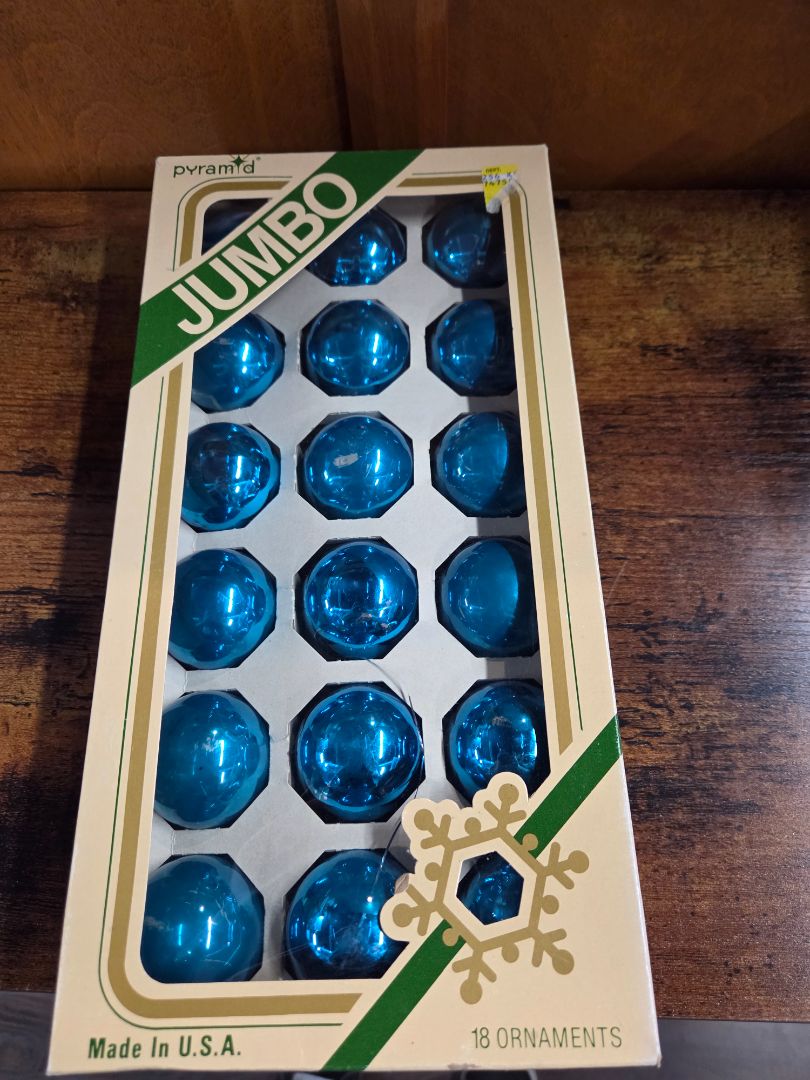 Vintage set of 18 Rauch Pyramid "Jumbo" glass Christmas ornaments in blue