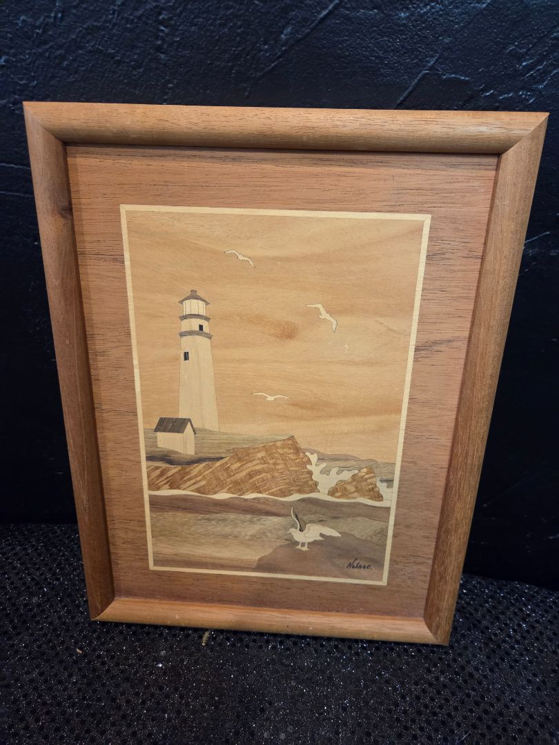 Wood Art Inlay Marquetry Lighthouse Signed Nelson