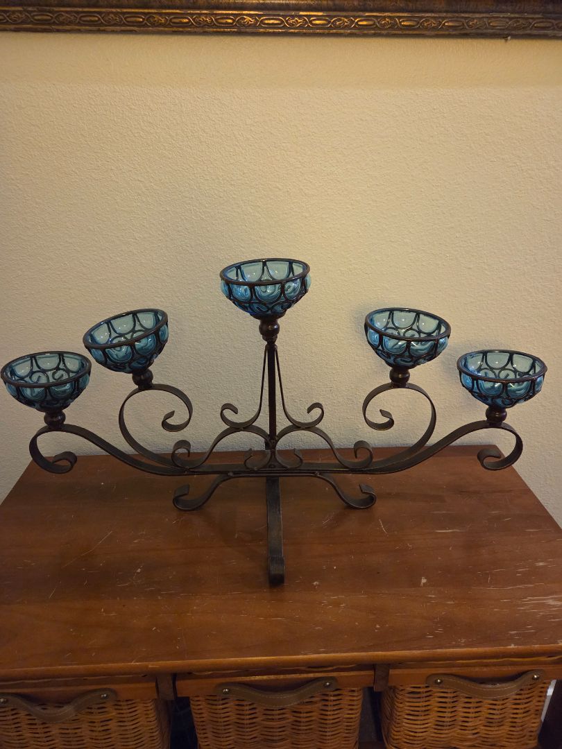 Wrought Iron Candleabra with blue glass holders
