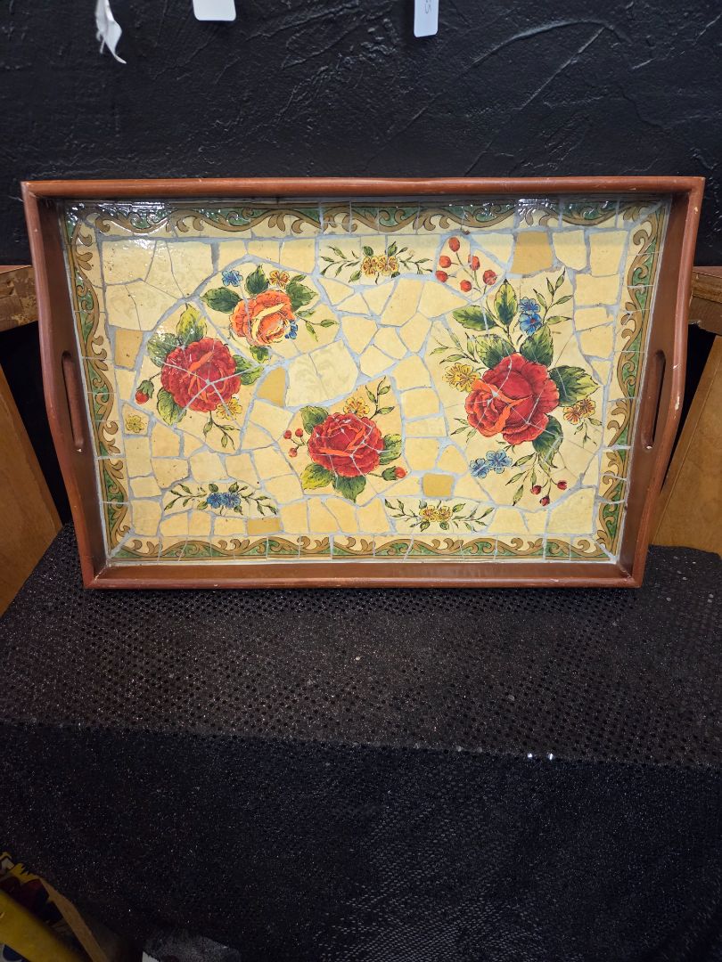 Vintage Mosaic and Wood Serving Tray