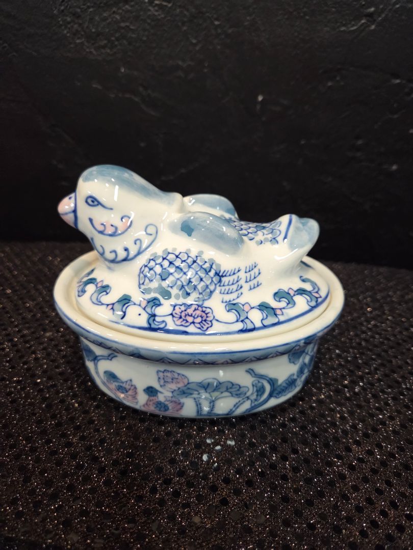 Porcelain White/Blue/Pink Bird Covered Dish