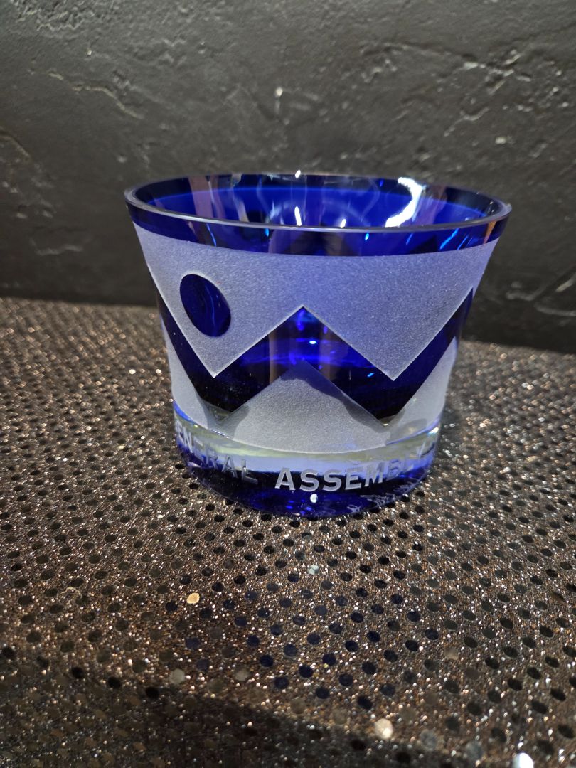 Commemorative Frosted Cobalt Blue Glass Honoring the 1996 Presbyterian Church