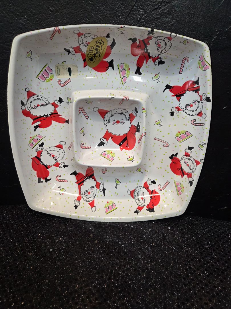 Vintage Christmas Dancing Santa Chip and Sip Bowl Snack Serving Tray Ullman Co