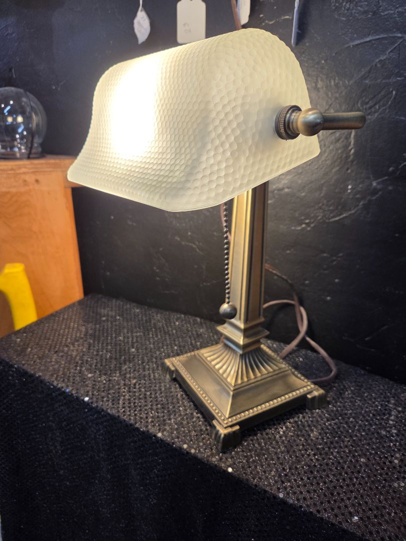 Bankers Lamp Brass/Metal & Frosted Pebbled Embossed Glass Shade