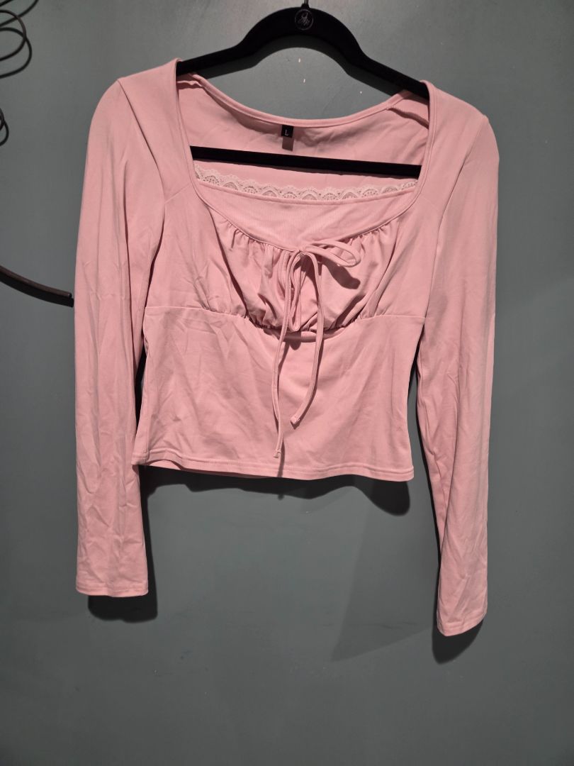 Shein Ruched Self Tie Long Sleeve Top Pink (sz L)