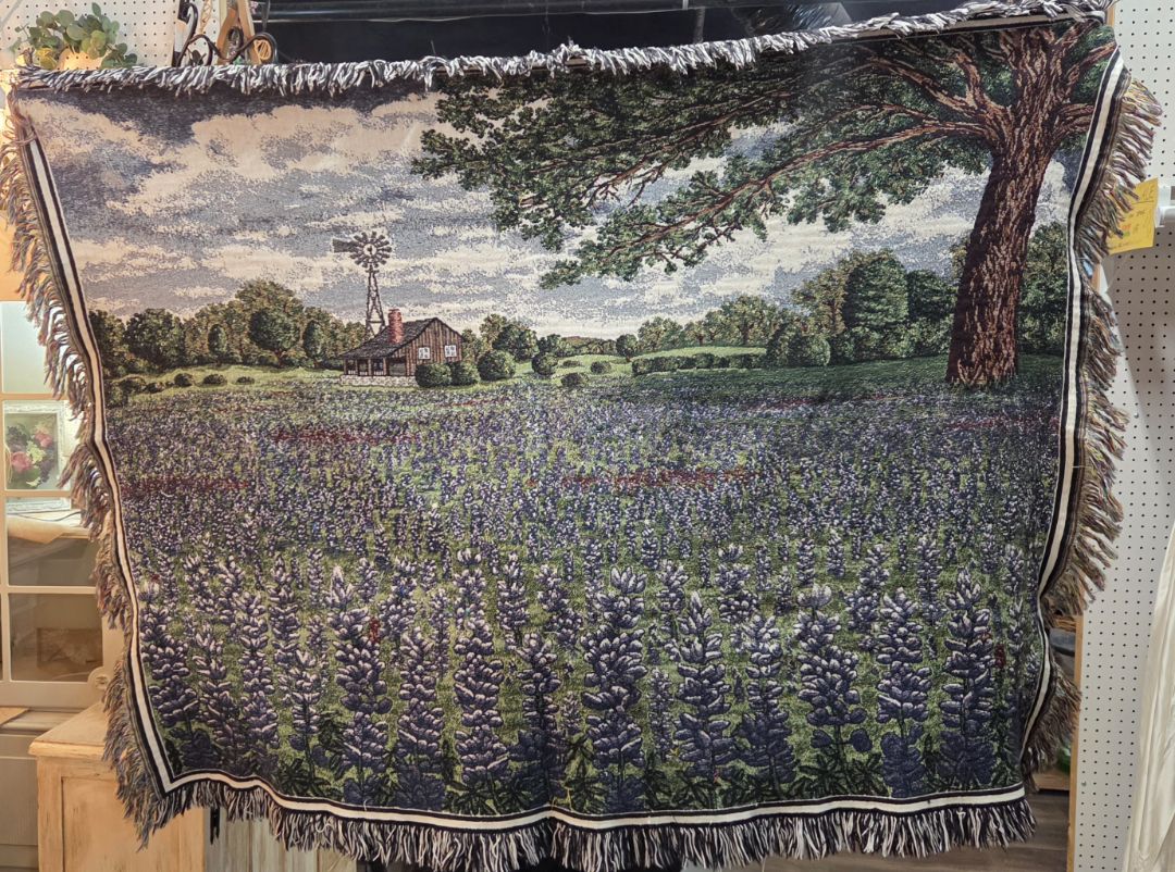Vintage Texas Farmhouse Cabin Field of Bluebonnets Tapestry Throw