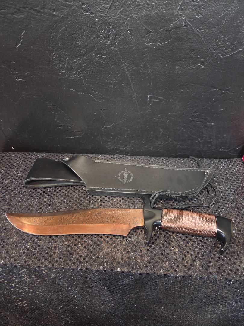 Hibben Damascus Hellfyre Bowie Knife w/Sheath Wire Wrapped Handle