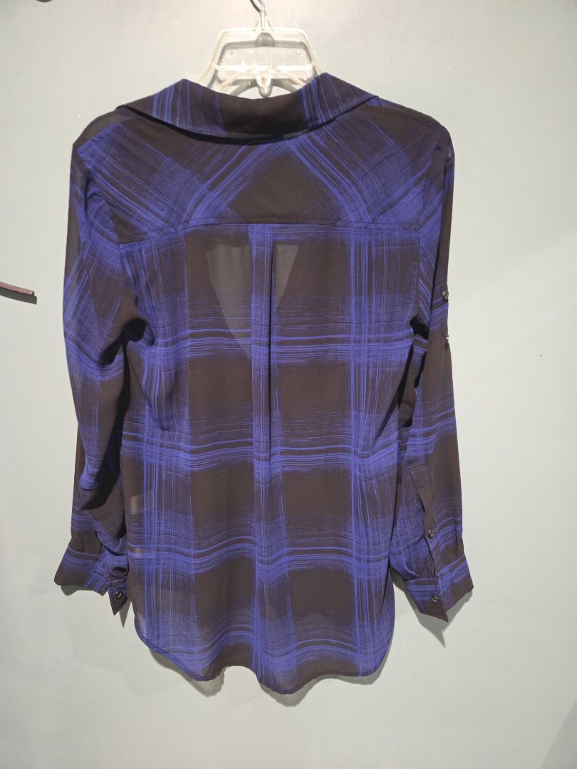 New York & Company Blue Plaid Sheer Long Sleeve top Small
