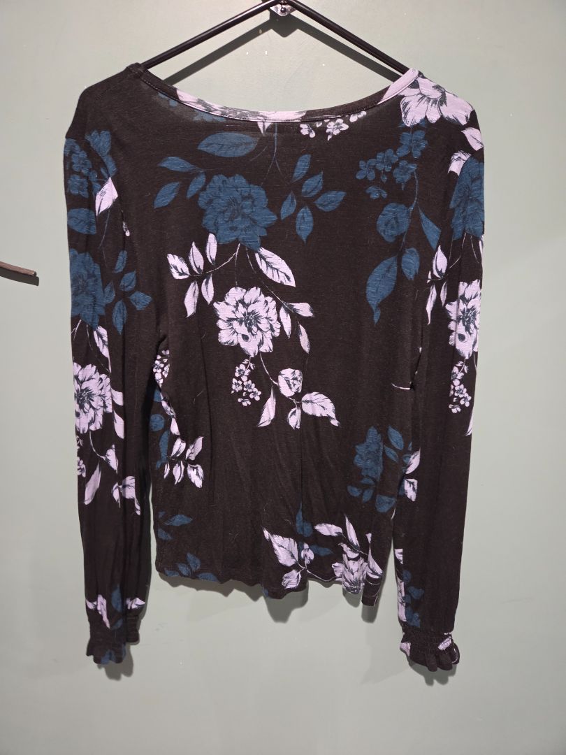 Maurices Long Sleeve Black/Green/Purple Flower Top Medium