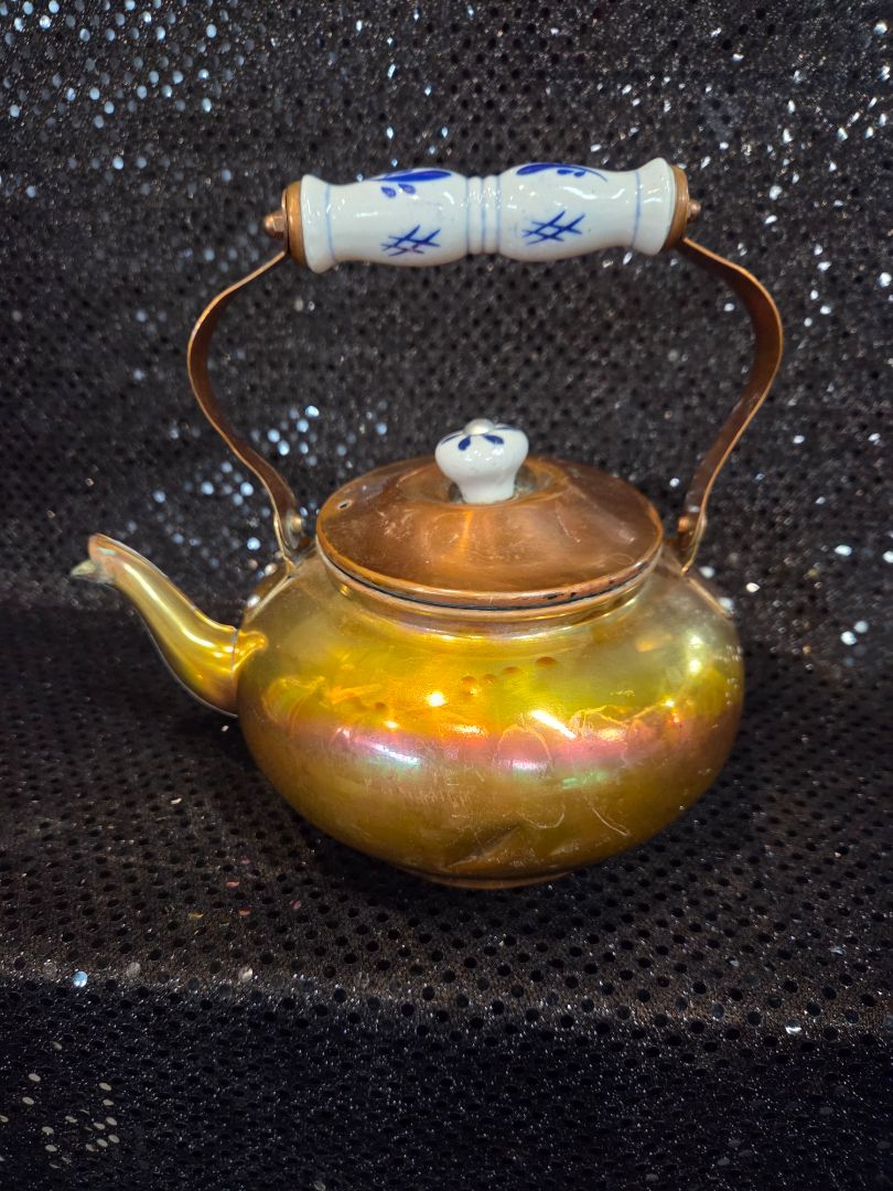 Vintage Copper Brass Tea Kettle Pot w/ Blue and White Porcelain Handle