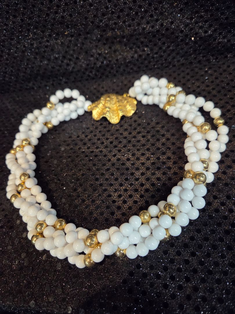 Vintage 5 Strand White beads with gold beads and Shell Clasp Necklace