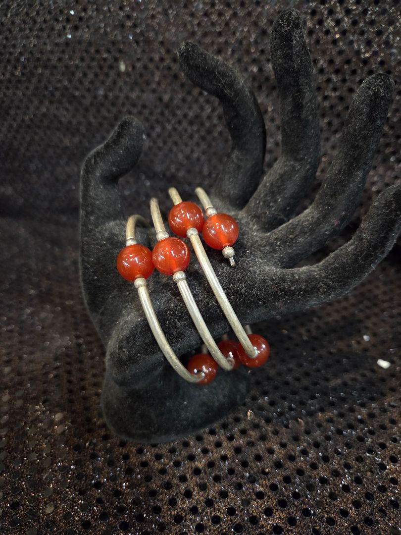 Silver Tone Wrap Bracelet with Red Glass Beads