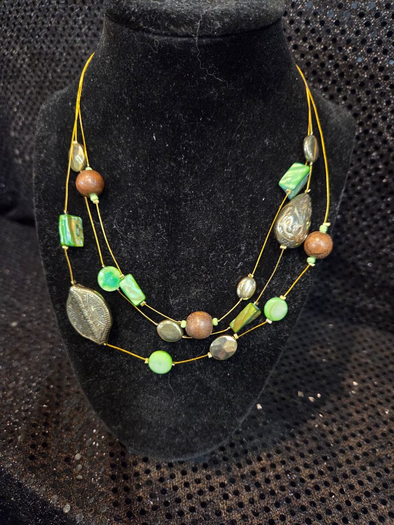 Multi Strand Green/Gold/Wood Bead Necklace