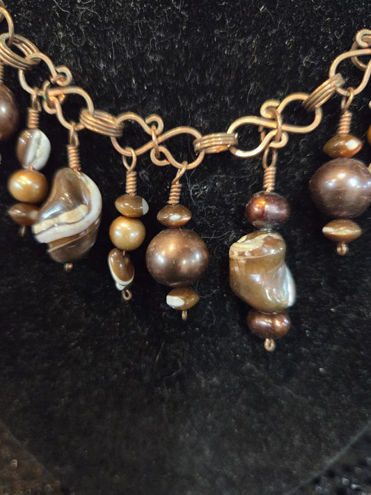 Copper Colored Hand Made Beaded Necklace w/Brown/White Stones