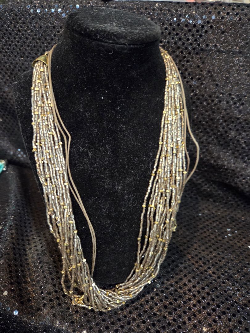 Multi Strand Adjustable Glass Olive Green and Gold Bead Necklace