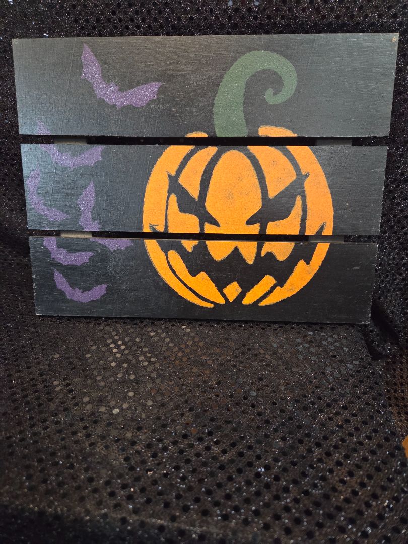 Black Sign with Pumpkin and Bats