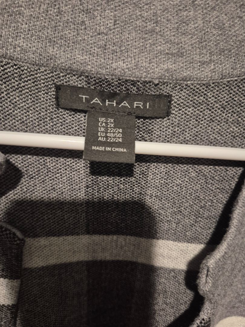 Grey, Black, & White Window Pane Tahari Long Open Front Cardigan Sweater, 2X