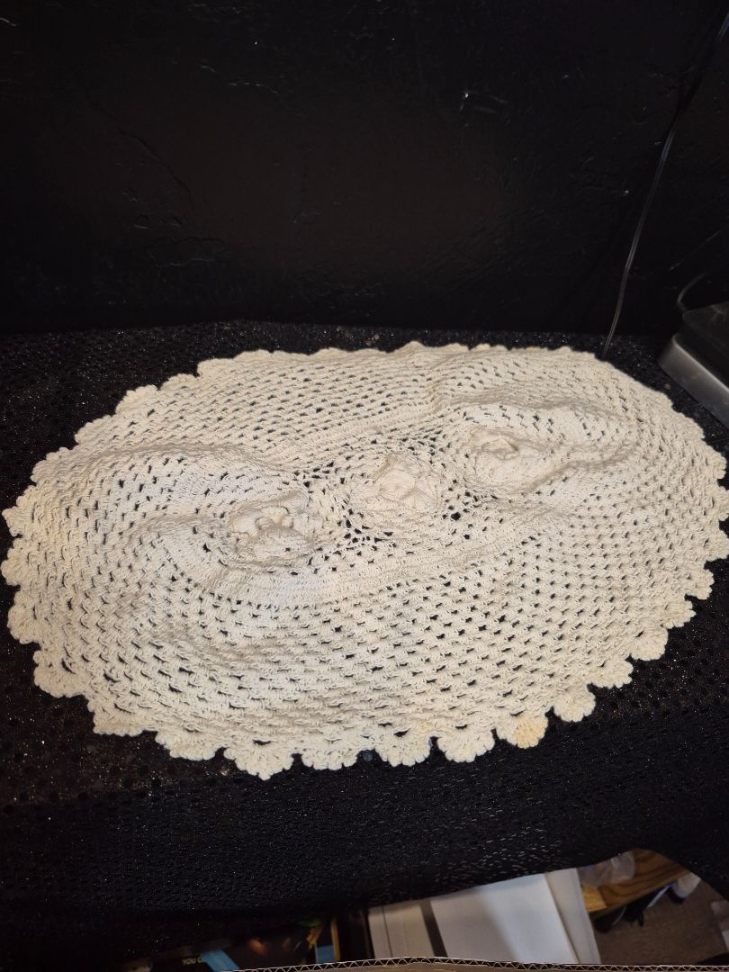 White Handmade Crochet Oval Doily, 15" × 9"
