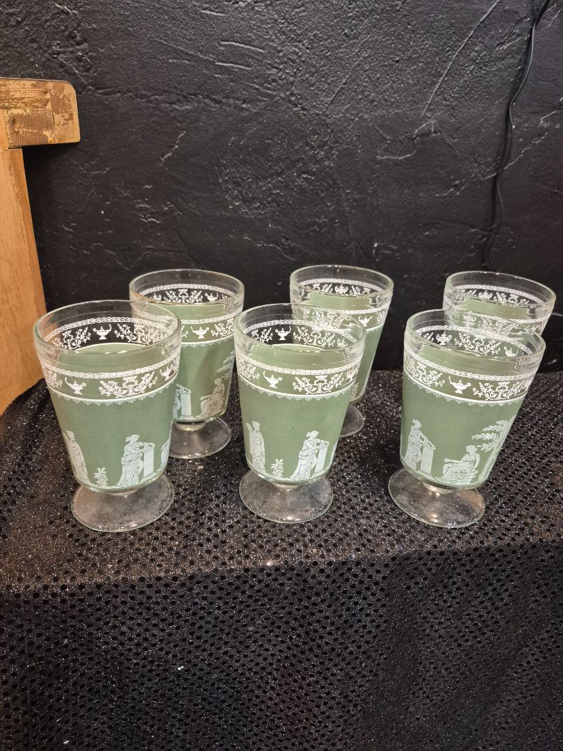 Green Jeanette Hellenic Wedgewood Style Greek Footed Highball, Set of 6, 3" × 5"