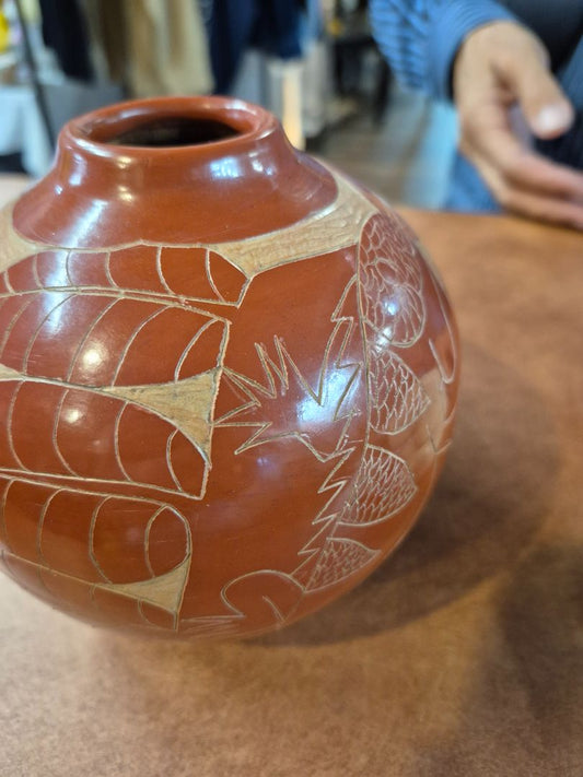 Red Hand-etched Signed Vase, 6" × 5"