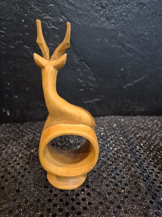 Hand-Carved Wooden Antelope Napkin Ring, 2" × 5" × 1.5"
