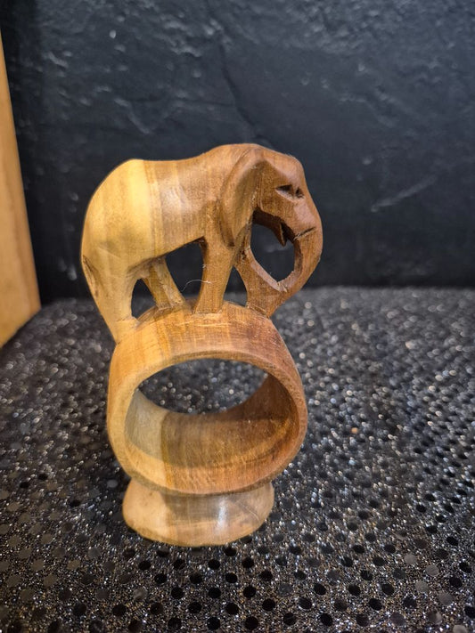 Hand-Carved Wooden Elephant Napkin Ring, 2.5" × 4" × 1.5"