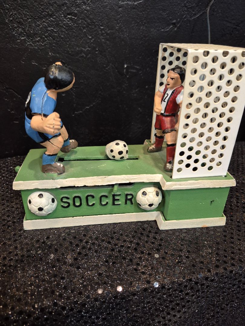 Vintage Cast Iron Soccer Mechanical Coin Bank, 7" × 6.25" × 4"