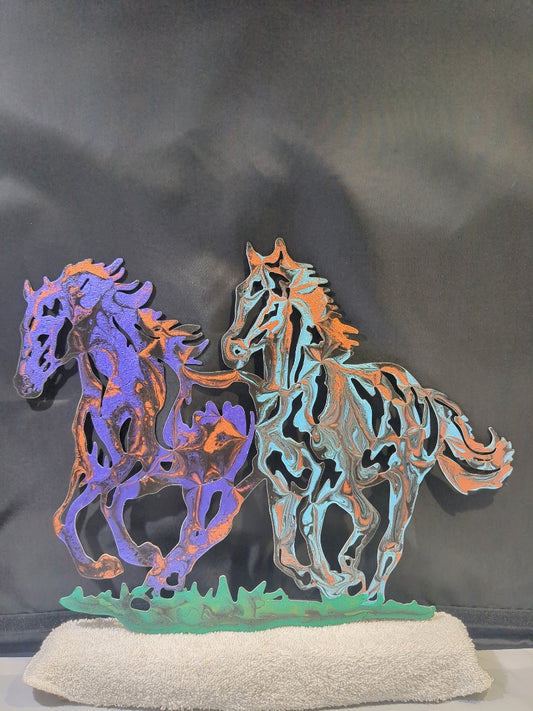 Purple and Blue with metallics Luminous Creations Acrylic Poured Horses, 12 inches X 10