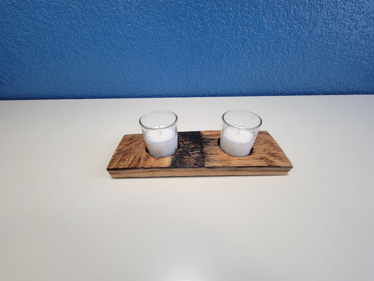Natural Aged Oak Stave 2 Place Candle Holder, 10 Inches long, 2 Inches Wide
