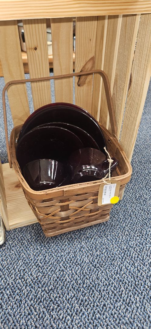 3 piece Red plate set in basket LR