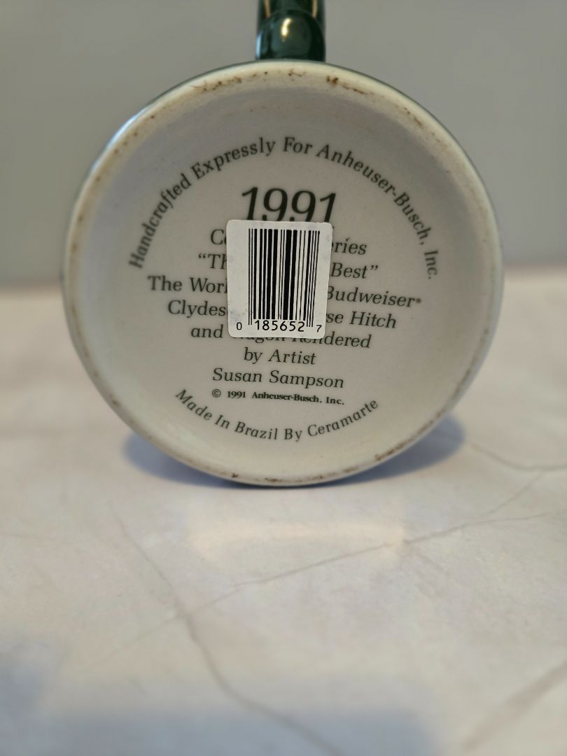 Green/Red Ceramarte 1991 Budweiser Holiday Stein The Season’s Best Clydesdales Ceramarte, 7 x 5 x 4