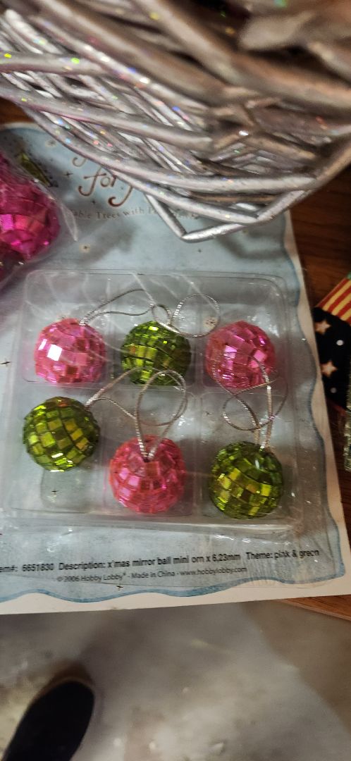 Set of 6 pink & green ornaments