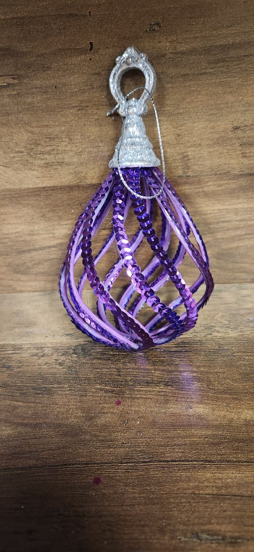 Purple sequin tear drop ornament