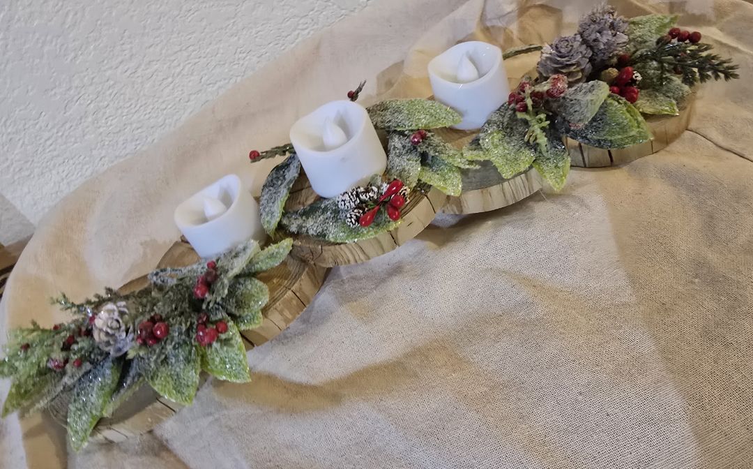 Wood Handmade Wood Slice Candle Holder, 13.5 x 3 x 3