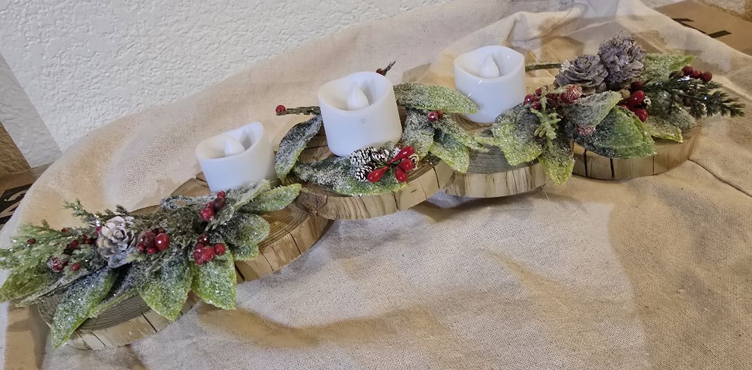 Wood Handmade Wood Slice Candle Holder, 13.5 x 3 x 3