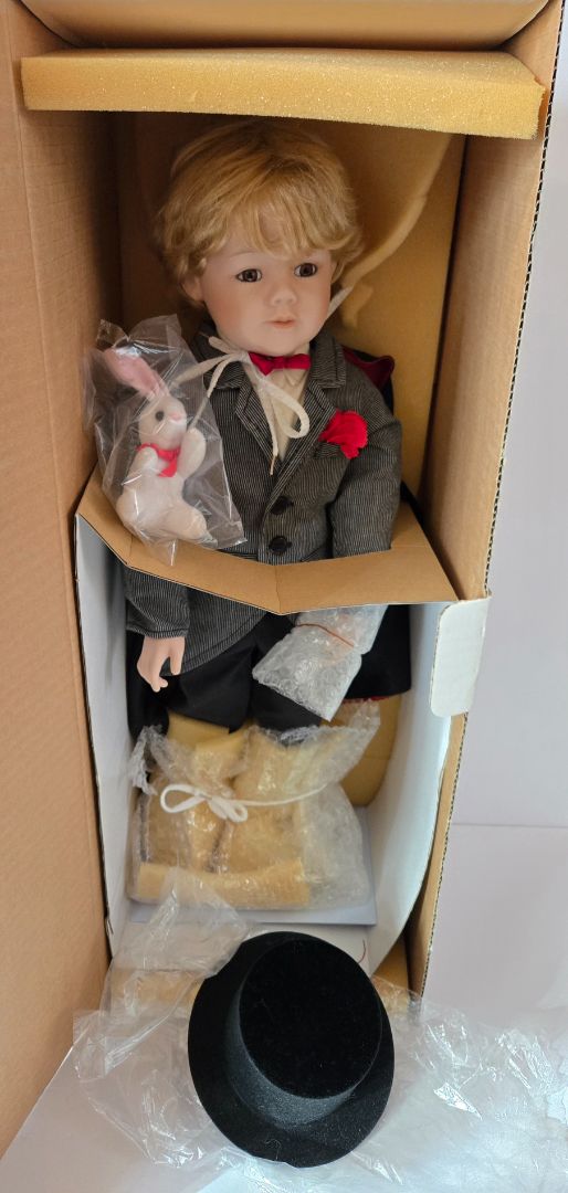 Treasured Heirloom Porcelain Boy Doll in Gray Suit with Bunny