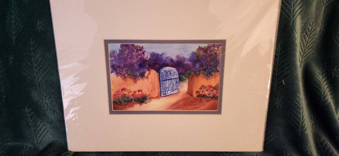Matted print, adobe garden gate, 14" x 11"