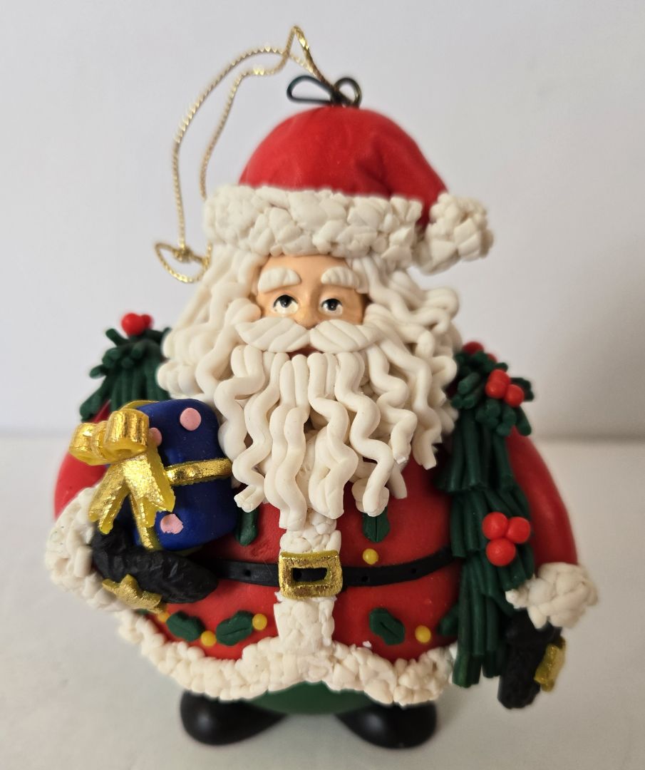 Vintage 90s Santa Ornament Hand-Painted Polymer Resin