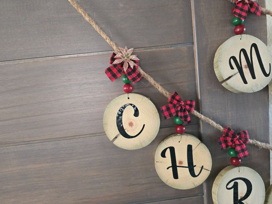 Red Handmade Wood Slice Holiday Garland, 65 inches long